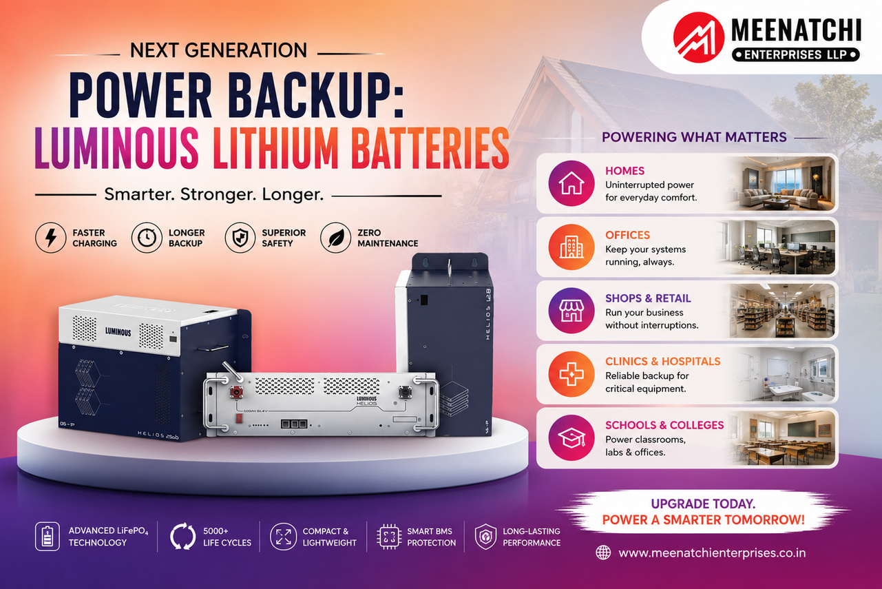Luminous Lithium Battery installed for reliable home power backup in Madurai with fast charging and long-lasting performance.