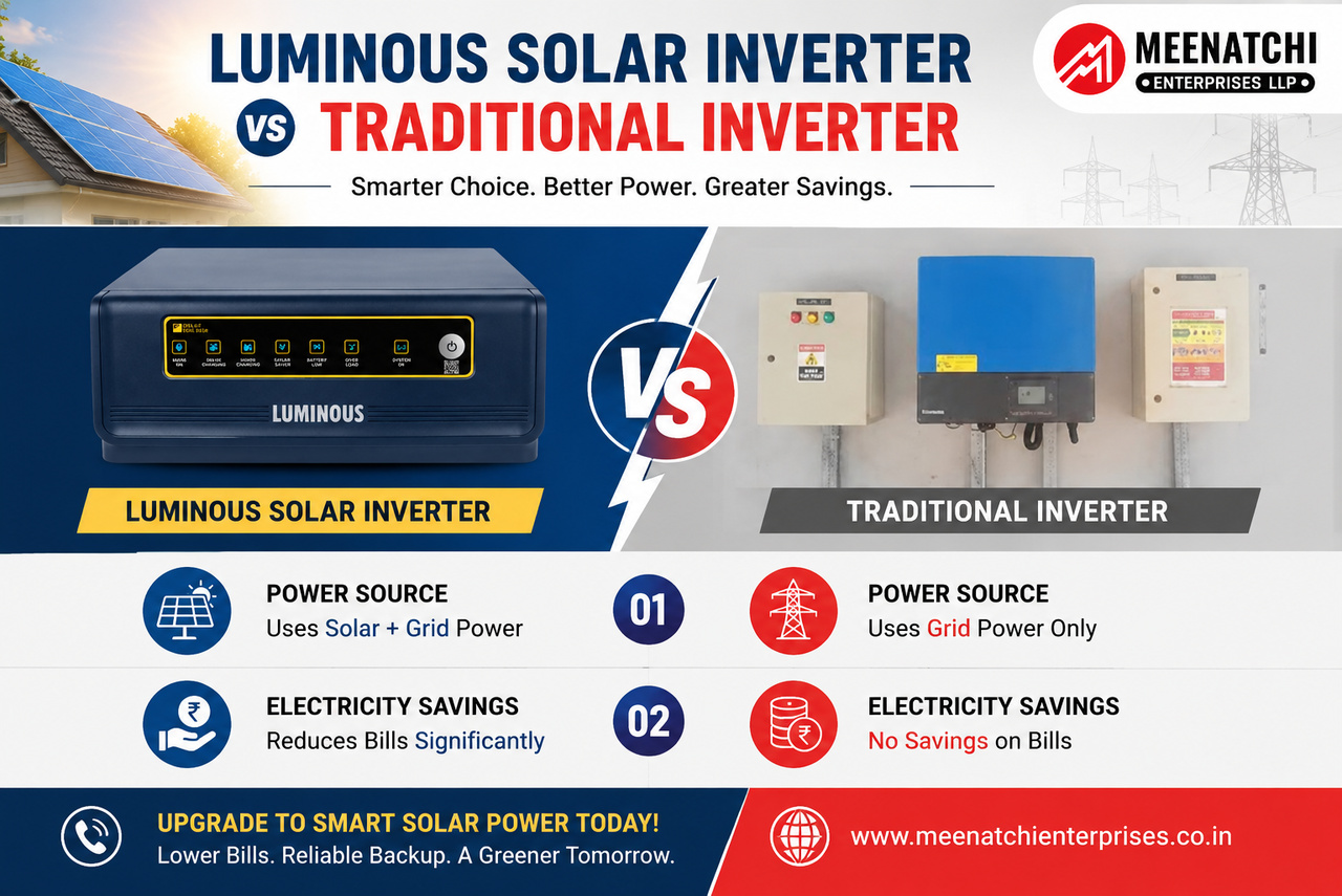 Luminous Solar Inverter installed for a home in Madurai compared with a traditional inverter, highlighting energy savings, reliable backup, and solar power benefits.