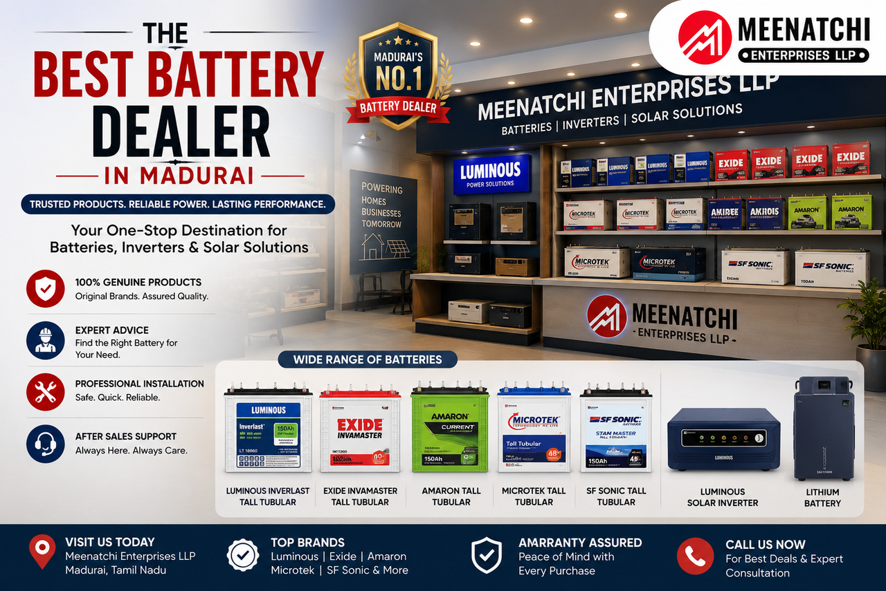 Best battery dealer in Madurai offering inverter batteries, solar batteries, lithium batteries, and power backup solutions at Meenatchi Enterprises.